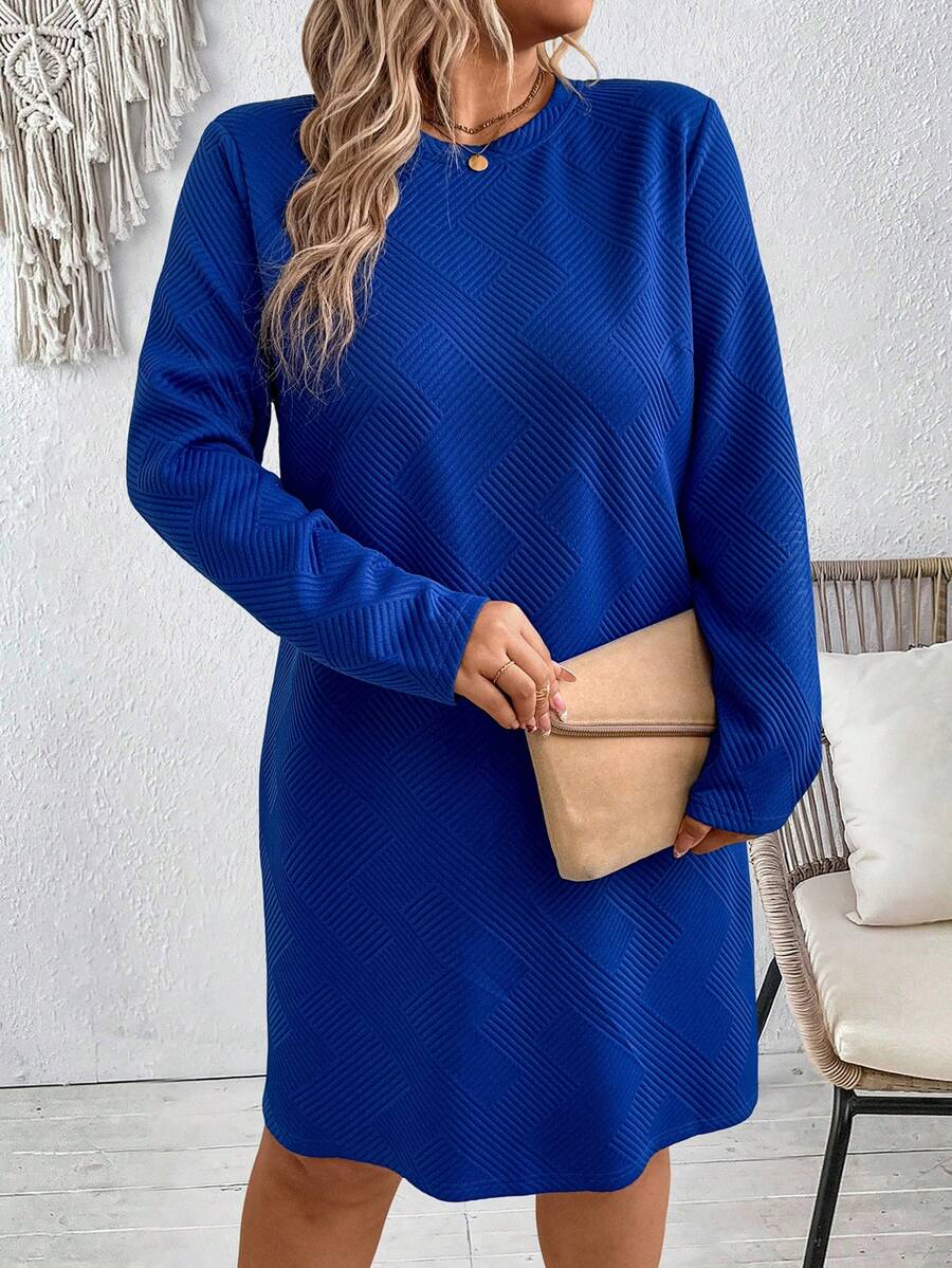 EMERY ROSE 女式加大码纯色海军蓝波浪压花圆领长袖休闲日常连衣裙，秋冬 - 藍色 - 查看 1