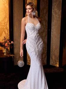 MOTF Soiréza Váy dạ hội đính ngọc trai giả sang trọng quyến rũ dành cho nữ - trắng - Xem 5