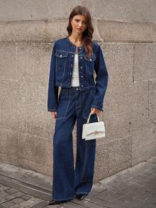 SHEIN LUNE Vintage Fashionable Elegant Pocket Solid Color Washed Straight Leg Jeans - Dark Wash - View 4