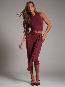 NYA SZN Women Set Matching Set (Top & Pant) Top Crop Pant Mid Rise Capri Bow Detail Fitted Bodycon Night Out Date Event Cute Y2K Fall Winter Suitable For Commuting Statement Valentines Day Carnival Outfits For Women - Green - View 4