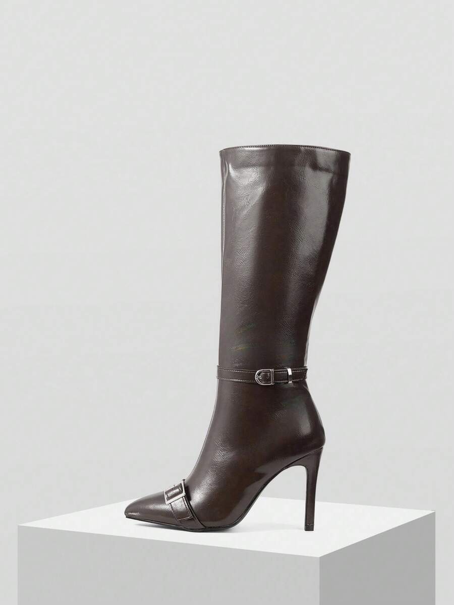 Mnmlis Women's Pointed Toe Knee-High Boots With Stiletto Heel, Zipper And Buckle Closure, Leather Upper - Brown - View 1