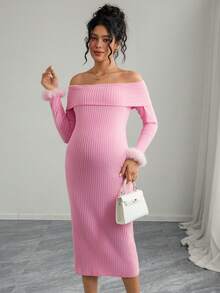 Momance Maternity Long Sleeve Fuzzy Off Shoulder Bodycon Dress - Pink - View 5