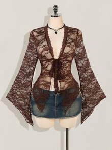 SHEIN ICON Cardigan à manches longues en dentelle bordeaux transparent, style sexy, twist devant, convenant aux femmes de grande taille, style western, country, concert, boho, hippie, goth. Idéal pour Halloween - Tabac - Voir 3