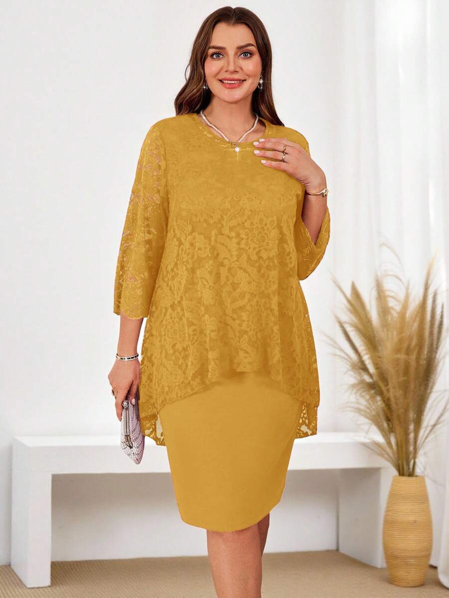 EMERY ROSE 大码女式圆领长袖蕾丝拼接弧形下摆双层优雅派对红色新年连衣裙，女士冬装，情人节 - 黃色 - 查看 1