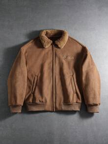 PAVTROS Manfinity Streetrush 男士街头风流行 INS 同款男士夹克外套，街头服饰，冬季夹克，保暖冬装，圣诞节，男友礼物，羊羔绒领夹克，复古夹克，男士棕色夹克，男士摩卡色飞行员夹克 - 棕色 - 查看 7