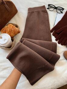 Muchica 女士休闲棕色阔腿针织裤，秋冬 - 棕色 - 查看 6