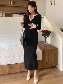 DAZY 复古法式修身拼色长袖毛衣裙 - 黑色 - 查看 3