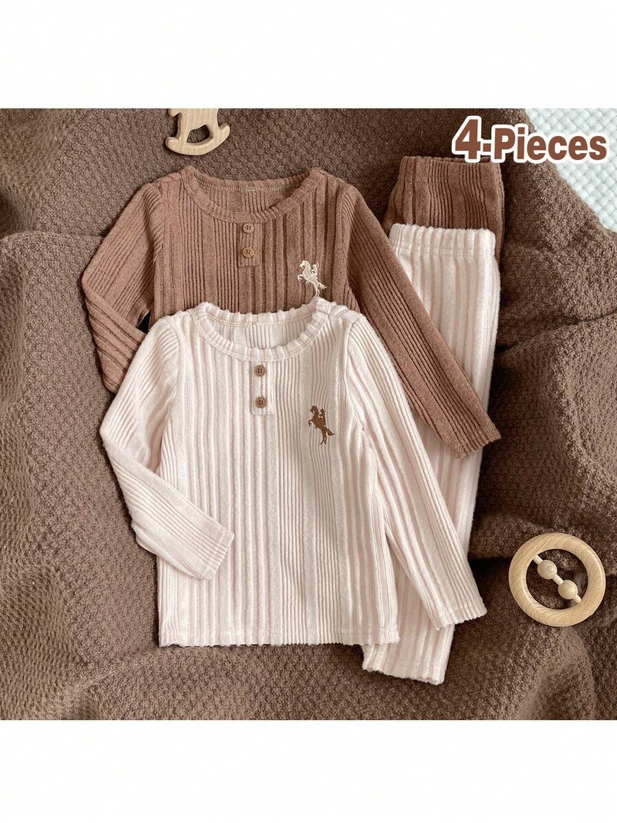 Loomiva 4pcs Baby Boy Cartoon Horse Pattern Knit Soft Round Neck Long Sleeve Half-Zip Pullover Top & Elastic Waist Pants Set - Multicolor - View 1