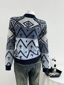 SHEIN Unity 1 Áo len chui đầu thêu hạt cườm thanh lịch dành cho nữ, mặc hàng ngày, màu xanh lam - Màu xanh lam - Xem 2