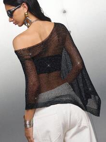 LYSMO Áo choàng cổ bất đối xứng màu trơn dành cho nữ - màu đen - Xem 2