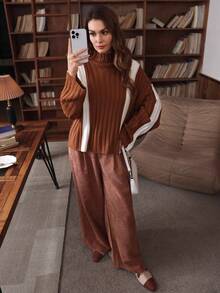 SHEIN LUNE Women's Contrast Color Turtleneck Ribbed Loose Retro Casual Sweater - Brown - View 6