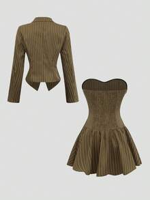 Sweetra 女士休闲条纹无袖迷你连衣裙和长袖西装外套套装，通勤风格，秋季 - 綠色 - 查看 2