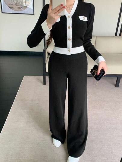 DAZY 拼色开衫和直筒休闲裤套装，运动时尚，适合秋季、冬季、新年、圣诞节