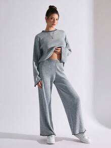 EURMUSE Color Block Trim Crop Knitted Sweater And Long Pants Set, Casual For Autumn/Winter - Grey - View 5