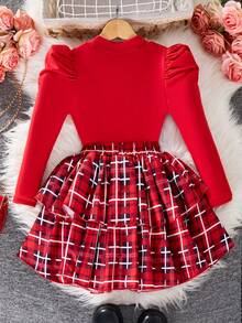2pcs Girls Elegant Red Collar Puff Sleeve T-Shirt & Plaid Skirt Set - Red - View 2