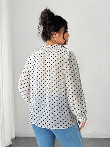 Elenzga 大码圆点印花立领复古休闲长袖衬衫 - 白色 - 查看 2