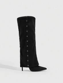 Daringsoles 女士时尚尖头高跟过膝靴 - 黑色 - 查看 9
