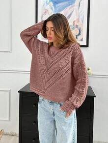 SHEIN Cottnline Women's Asymmetric And Pon Pon Knit Pattern Detailed Sweater - Dusty Pink - View 4
