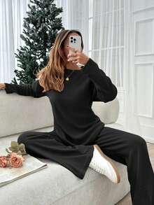 EURMUSE Women Beige Wide Leg And Top Two Pieces - Black - View 7