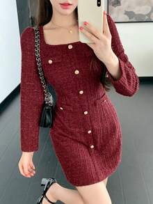 DAZY 优雅纹理纽扣装饰方领女士迷你连衣裙，秋季圣诞