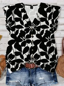 EMERY ROSE 大码女式休闲优雅白色和黑色花卉印花纽扣前褶袖衬衫，适合夏季女式花卉衬衫女式夏季上衣花卉印花上衣 V 领衬衫