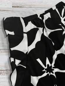 EMERY ROSE 大码女式休闲优雅白色和黑色花卉印花纽扣前褶袖衬衫，适合夏季女式花卉衬衫女式夏季上衣花卉印花上衣 V 领衬衫