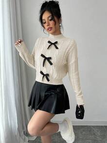 Elenzga French Bow Knit Soft & Fluffy Long Sleeve Sweater For Women, Winter - Beige - View 6