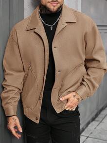 Manfinity Homme 男士时尚休闲单排扣大衣，秋冬季 - 卡其色 - 查看 4