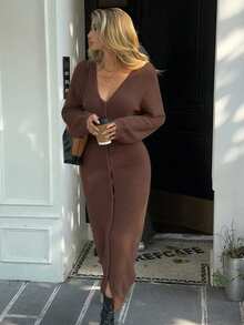 Livesso Women's Coffee Color V-Neck Lantern Sleeve Long Knitted Sweater Dress, Autumn - Coffee Brown - View 3