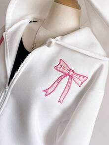 Áo khoác nỉ nơ thời trang màu trơn cho bé gái tuổi teen, vải nỉ nỉ thoải mái, thiết kế tay áo thời trang, phong cách trẻ trung và năng động cho bé gái, thích hợp cho mùa tựu trường hoặc mặc ngoài trời hàng ngày - trắng - Xem 3