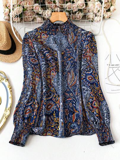 Plus Size Women Casual Cashew Floral Print Stand Collar Long Sleeve Fashion Blouse Fall Cloth For Women