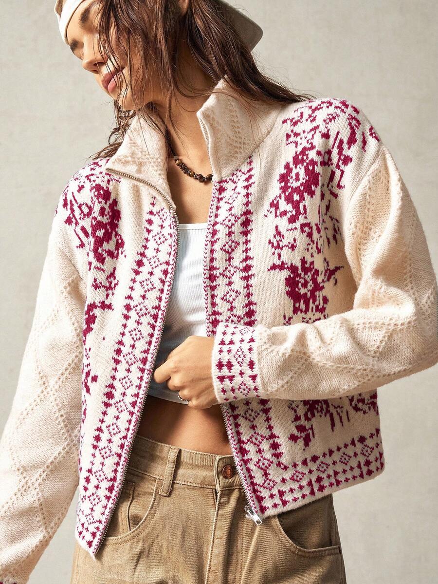 Bohemela Áo len cardigan cổ cao màu trắng dành cho nữ, thích hợp cho kỳ nghỉ, mùa thu/đông - Màu be - Xem 1