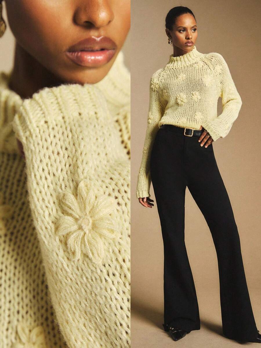 Poéselle 全新秋冬休闲甜美温柔气质可爱刺绣短款女式套头毛衣 - 黃色 - 查看 1