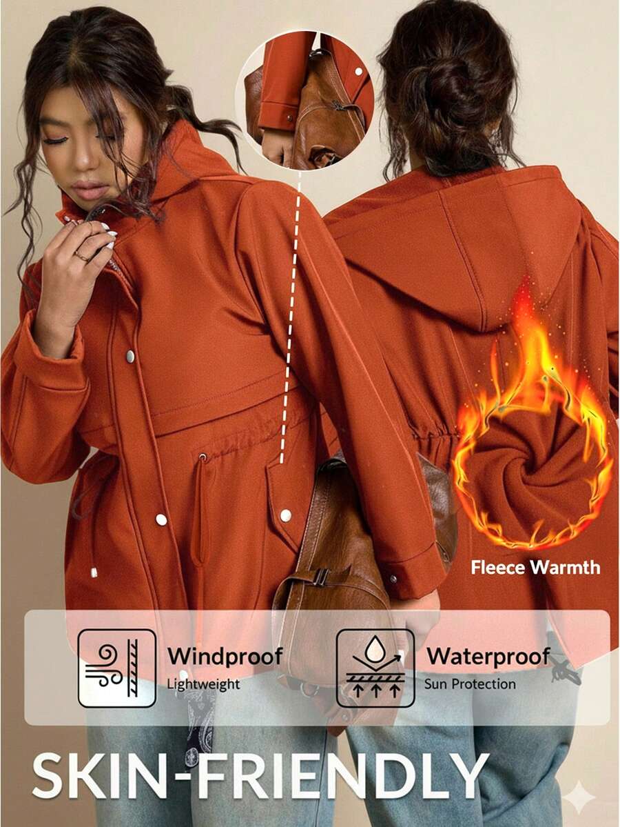 Freevana 加大码军绿色抽绳腰带外套,带口袋和帽子,冬季女式连帽衫,保暖女式外套,女士雨衣 - 鏽棕色 - 查看 1