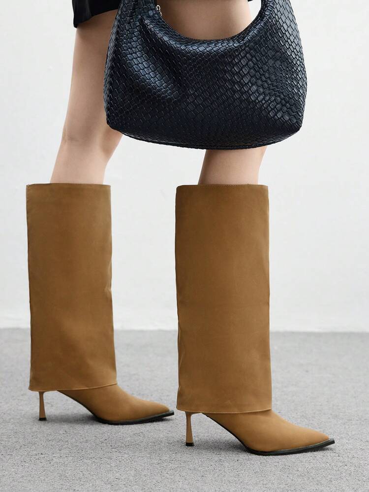 CUCCOO BIZCHIC ​​Taupe Matte Pointed Boots | Metallic Slim Heel | Stretch Shaft Snug Fit | Minimalist Women's Boots | 2 Pairs, Premium Faux Leather​​