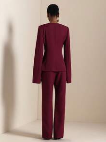 Vesra Conjunto de traje con cuello en V, falso bolsillo, mangas acampanadas y bajo con abertura - Rojo violeta - Ver 2