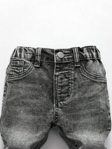 SHEIN 男婴日常休闲灰色牛仔长裤，纯色图案细节婴儿慢跑牛仔裤，男婴牛仔裤 - 灰色 - 查看 4