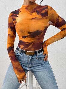 Allurite 女式休闲扎染高领修身长袖上衣，秋季 - 棕色 - 查看 4