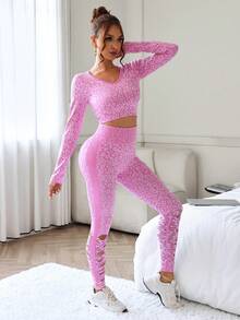 Slayform Leopard Print Women's Sexy Backless Long Sleeve Sports Set, Opaque Fitness Outfit For Autumn/Winter - Pink - View 6