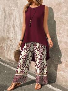 EMERY ROSE 2件套女士佩斯利印花无袖上衣和阔腿裤套装 - 酒紅色 - 查看 1