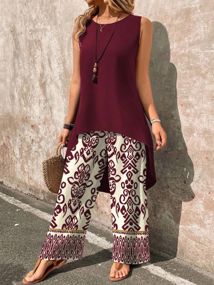 EMERY ROSE 2件套女士佩斯利印花无袖上衣和阔腿裤套装 - 酒紅色 - 查看 1