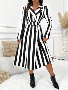 EMERY ROSE 条纹印花束带优雅长袖连衣裙 - 黑與白 - 查看 4