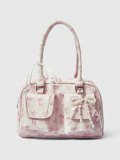 Anime 1pc Pink Corduroy Bowknot Print Fashion Portable Large Capacity Bow Decor Kawaii Ladies Handbag