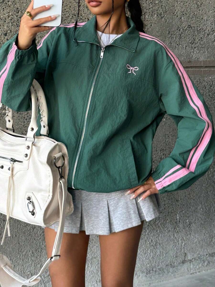 SHEIN 少女秋季撞色丝带蝴蝶结刺绣休闲运动夹克,可爱时尚的运动女孩夹克,适合返校季 - 綠色 - 查看 1