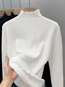 SHEIN Franclia Women's Elegant Frill Trim Mock Neck Long Sleeve Fitted Fleece Cardigan Sweater - Beige - View 6