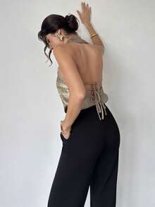 Firerie 女士休闲优雅通勤金色缎面露背高领上衣/新年造型/性感上衣/闪亮上衣/派对上衣/老款风格上衣/金色上衣 - 金色 - 查看 3