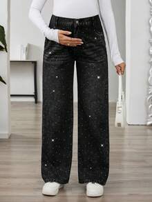 SHEIN Quần jeans ống đứng đính đá pha lê giặt thường ngày Quần jeans denim lấp lánh cho bà bầu Quần jeans ống rộng cạp cao màu đen đính đá pha lê cho bà bầu Quần jeans đen đính đá pha lê cho bà bầu Thời trang dạo phố - màu đen - Xem 1