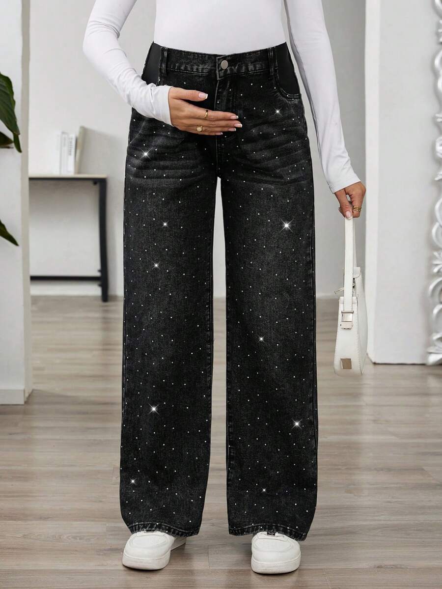 SHEIN Quần jeans ống đứng đính đá pha lê giặt thường ngày Quần jeans denim lấp lánh cho bà bầu Quần jeans ống rộng cạp cao màu đen đính đá pha lê cho bà bầu Quần jeans đen đính đá pha lê cho bà bầu Thời trang dạo phố - màu đen - Xem 1