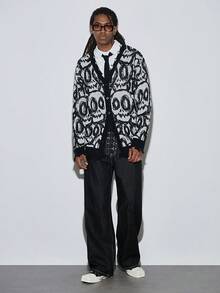 Modcrash Men's Street Style Skull Print Button-Down Casual Loose Fit Long Sleeve V-Neck Cardigan, Autumn/Winter - Black - View 3