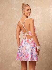 Lumalex Summer Sequin Floral Backless Mini Dress For Women Beach Club Night Out Holiday Party Pink Graduation Dress Rave Sexy - Pink - View 7
